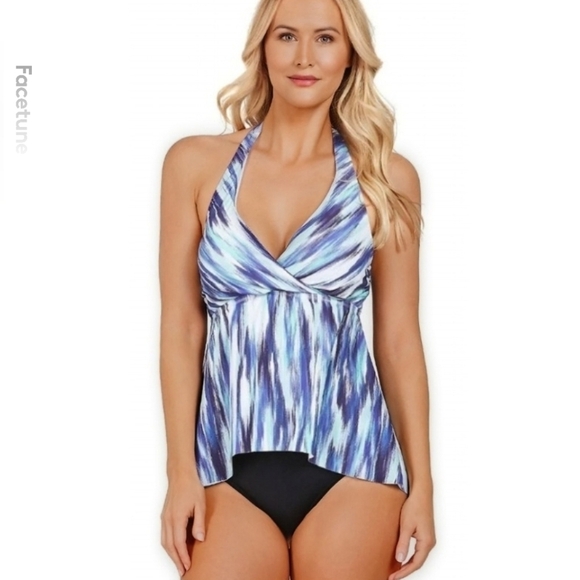 24th & Ocean Wrap Front Halter Tankini Swimsuit Top Blue Aqua Size Large - Picture 7 of 9